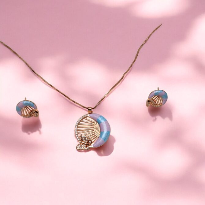 Butterfly Charm Pendant with Earrings Set – Elegant Gold and Pastel Jewelry