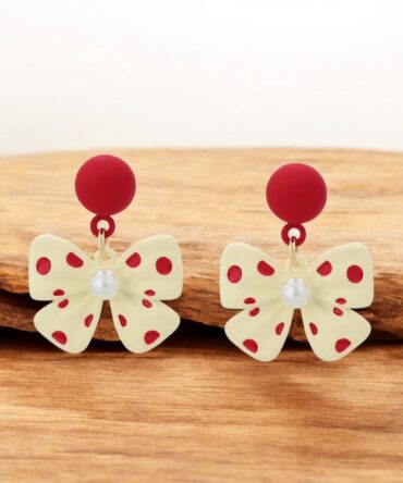 Red Polka Dot Bow Earrings with Pearl Center