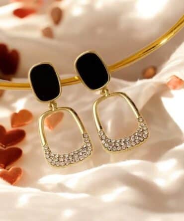 Elegant Drop Earrings with Black Enamel and Crystal Detailing