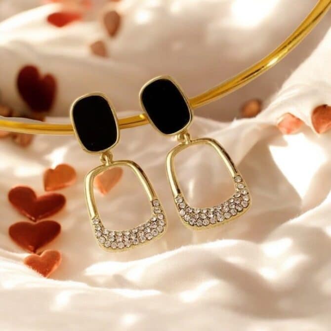 Elegant Drop Earrings with Black Enamel and Crystal Detailing