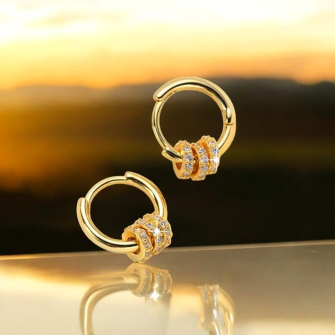 Elegant Hoop Earrings with Triple CZ Studded Rings - Image 2